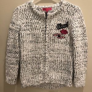 Betsey Johnson black & white zip up sweater with embroidered / stitched details
